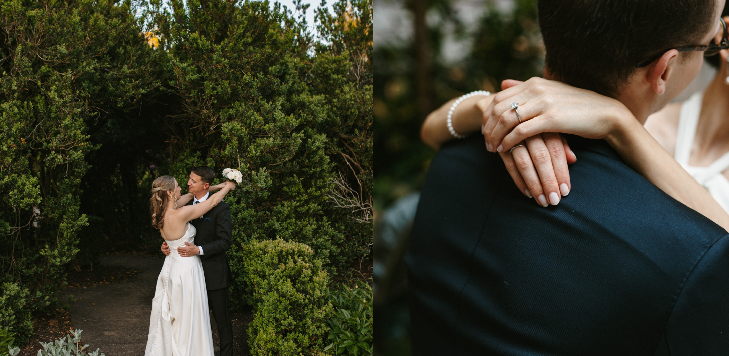 Bride and groom surrounded by greenery and a close detail of the bride's hand on the groom's shoulder