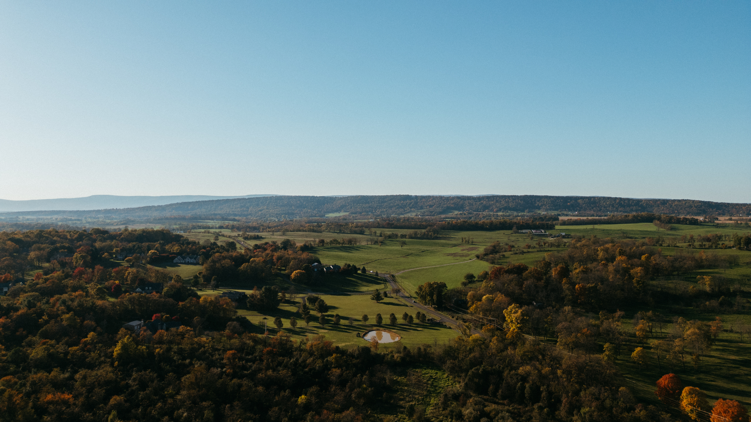 Aerial view of the forests and fields of the Shenandoah Valley in fall